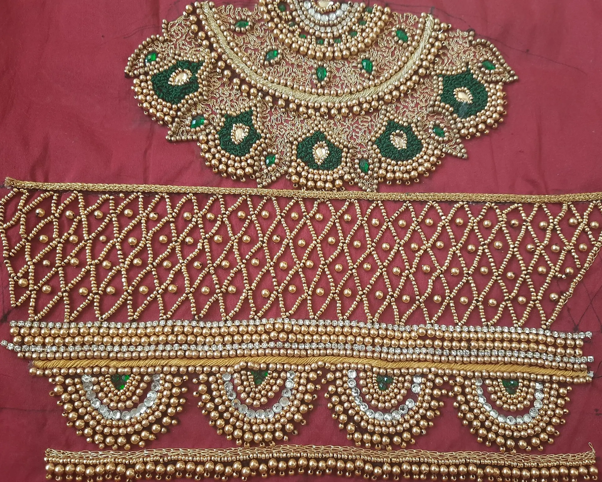 Close-up of intricate Aari embroidery with zari and thread work